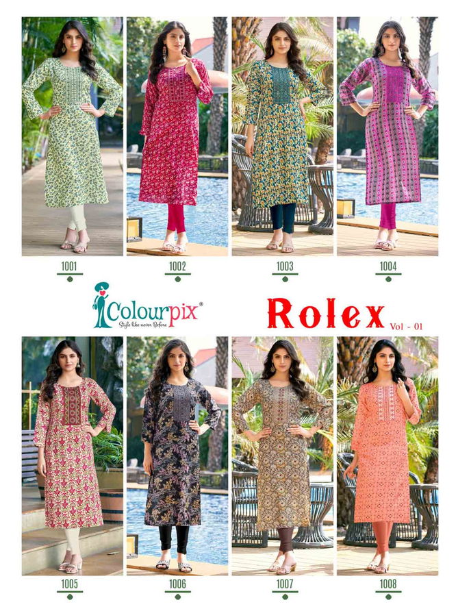 Rolex Vol 1 By Colourpix 1001 To 1008 Printed Kurtis Exporters In India
